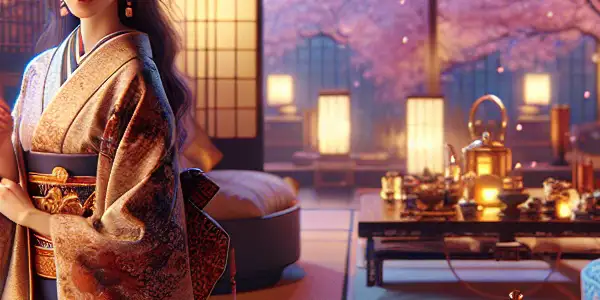 An elegant woman in a kimono surrounded by soft lighting, cherry blossoms, and a traditional Japanese tea set.
