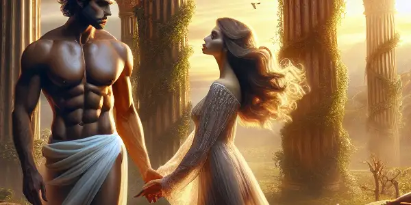 A dramatic encounter between a muscular Zeus-like figure and a beautiful woman in a mythical Greek landscape at sunset.