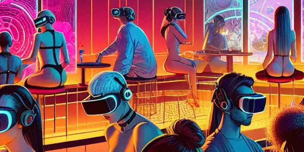 A futuristic lounge filled with diverse individuals engaging with immersive VR technology and vibrant digital adult content.