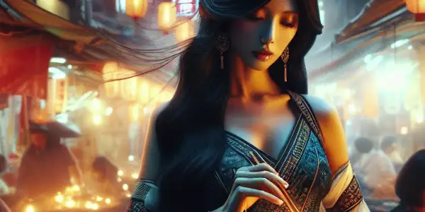 A vibrant Taiwanese street market at dusk with a charismatic betel nut seller amidst colorful stalls and neon lights.