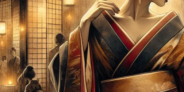 A luxurious film set featuring a graceful actress in a stunning kimono, evoking romance and nostalgia.