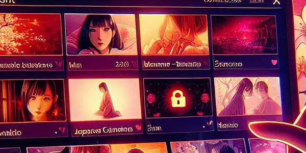 A modern digital interface showcasing an adult streaming platform with vibrant thumbnails and Japanese cultural elements.