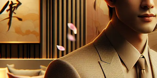 A charismatic Asian actor in elegant attire, surrounded by a soft-lit, intimate room with falling cherry blossoms.
