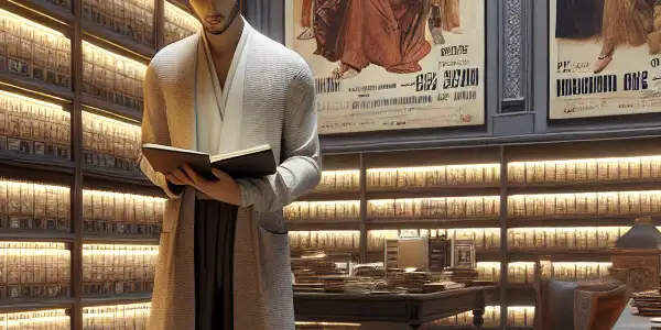 A film enthusiast studies vintage adult cinema materials in an elegant, softly lit archive filled with film canisters and posters.