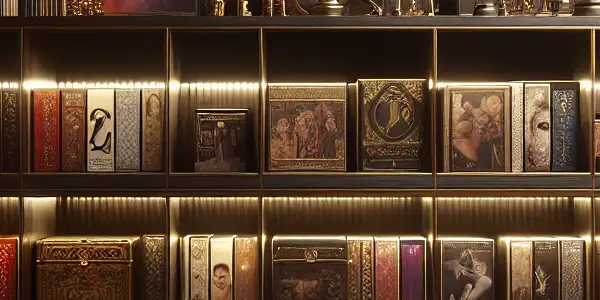 A sophisticated display of adult film collections with vibrant artwork, inviting ambiance, and luxurious decor.