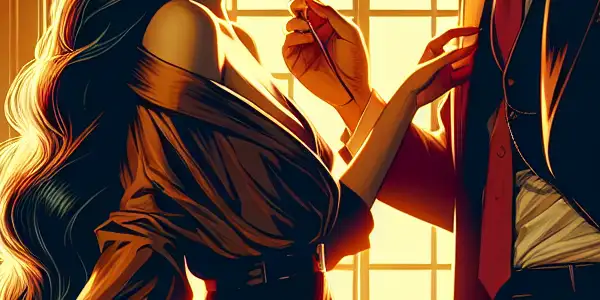 An intimate office scene featuring a passionate encounter between an elegant woman and a suave man.