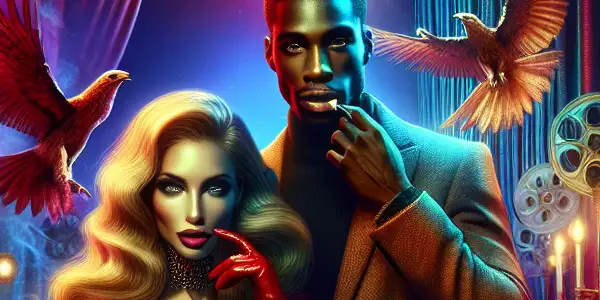 A vibrant scene of two charismatic characters engaged in a thrilling challenge within a colorful film studio setting.<a href=