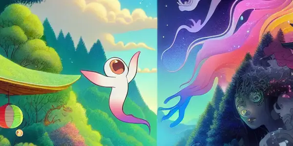 A split scene showcasing a whimsical forest from "Spirited Away" and a dark, mysterious figure inspired by "Bible Black."