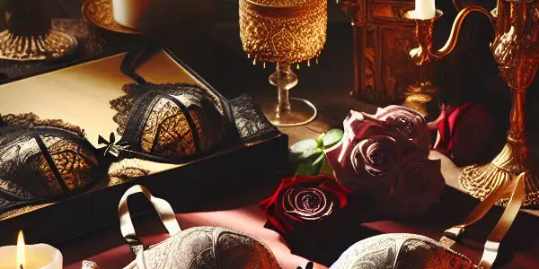 A luxurious bedroom scene featuring elegant adult lingerie, candles, rose petals, and champagne, creating an intimate atmosphere.