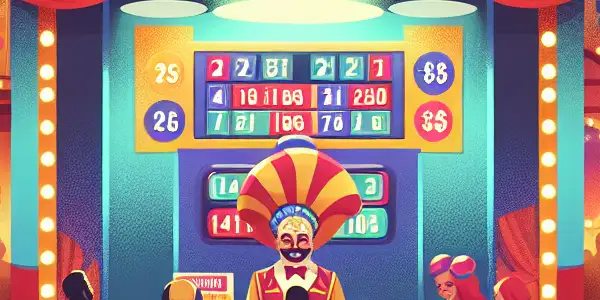 A lively carnival scene featuring a lottery booth with excited participants and vibrant adult-themed graphics.