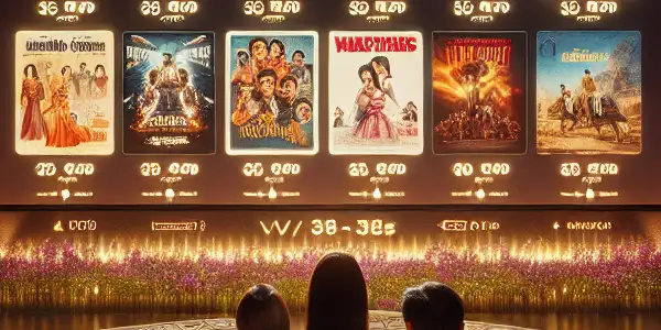 A luxurious home theater with a couple enjoying adult film promotions on a tablet amidst warm, inviting decor.