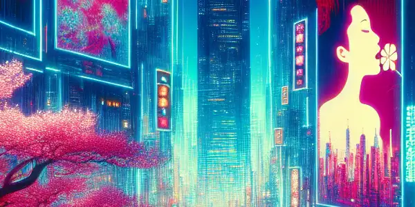 A vibrant, neon-lit urban scene depicting playful interactions in a futuristic Tokyo-inspired setting celebrating adult entertainment.