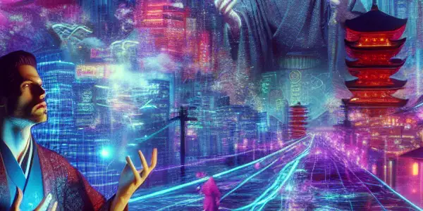 A vibrant futuristic virtual reality scene featuring a charismatic actor amidst holographic projections and dreamlike landscapes.