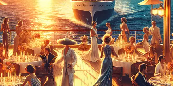 A romantic scene aboard a luxurious cruise ship at sunset, featuring elegantly dressed characters in flirtatious interactions.