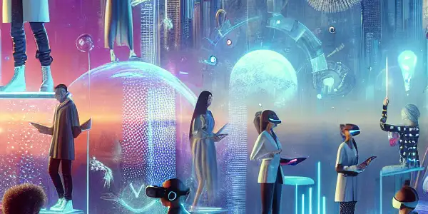 A vibrant futuristic virtual reality scene showcasing diverse characters engaging in interactive adult entertainment experiences.