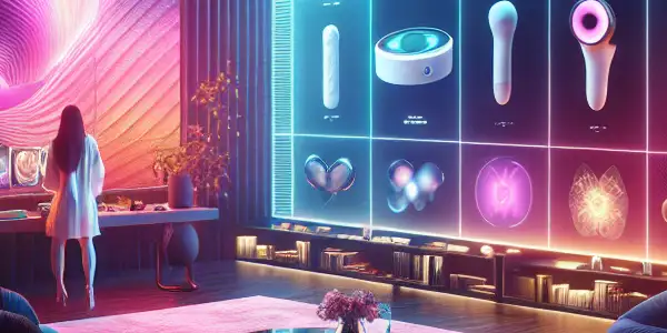 A sleek, modern room designed for futuristic adult entertainment, featuring high-tech devices and vibrant Japanese film imagery.