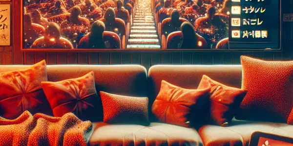 A cozy room with a large screen showing film subtitles, a laptop, DVDs, and a warm ambiance.