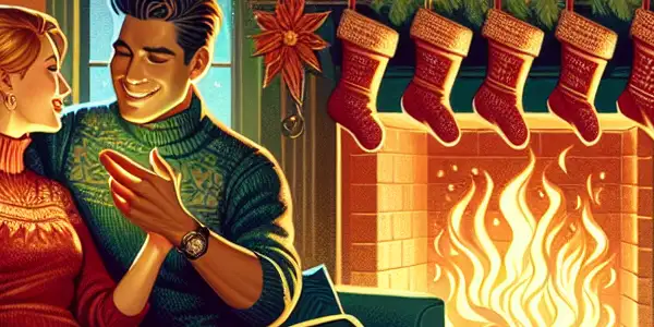 A cozy Christmas living room with a playful couple, festive decorations, and holiday-themed cocktails.