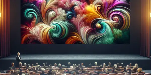 A luxurious cinema scene at a film festival celebrating high-rated adult films with elegantly dressed attendees.