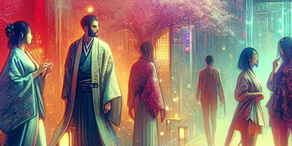 A vibrant, dreamlike scene blending adult entertainment allure with Japanese cultural elements and a cinematic backdrop.