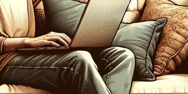 A young adult browses a laptop in a cozy, warmly lit home environment with books and tea nearby.