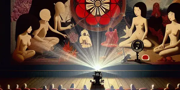 A dimly lit cinema with diverse viewers, a vintage projector, and abstract shapes on screen, exploring desire and instinct.